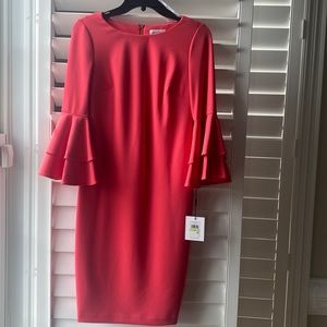 NWT Calvin Klein Bell Sleeve Sheath in Watermelon (pink w coral tone). Size 4.